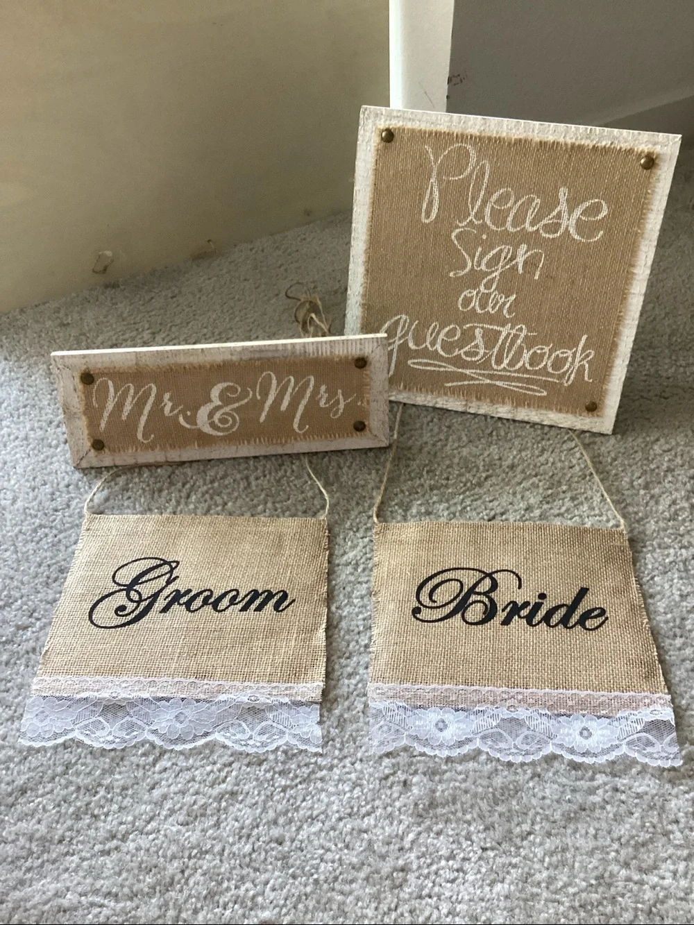 Rustic Burlap Bride & Groom Wedding Sign Set & Chair Signs